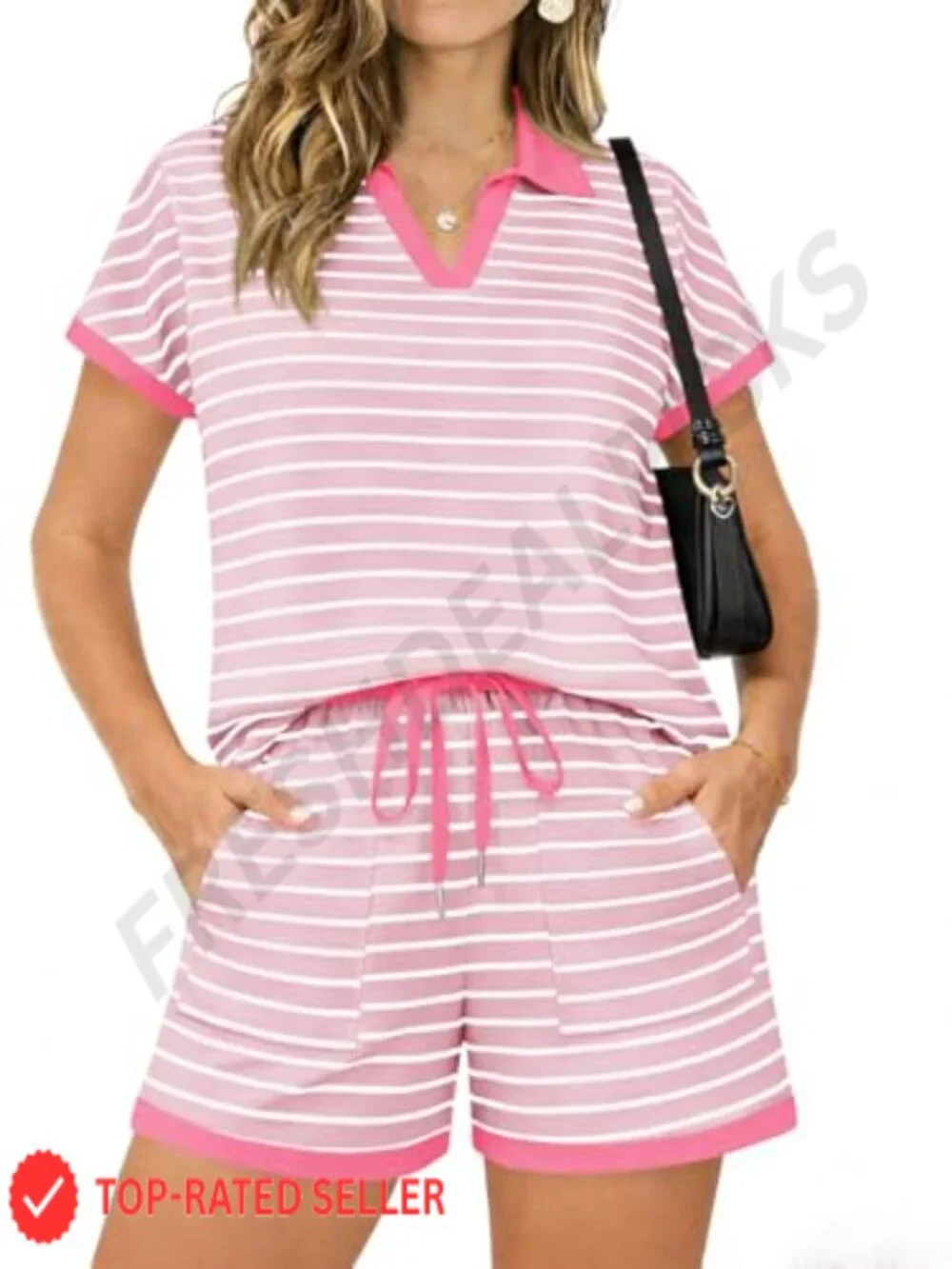 Women's 2 Piece Short Set - Striped Summer Lounge Set with Drawstring Shorts